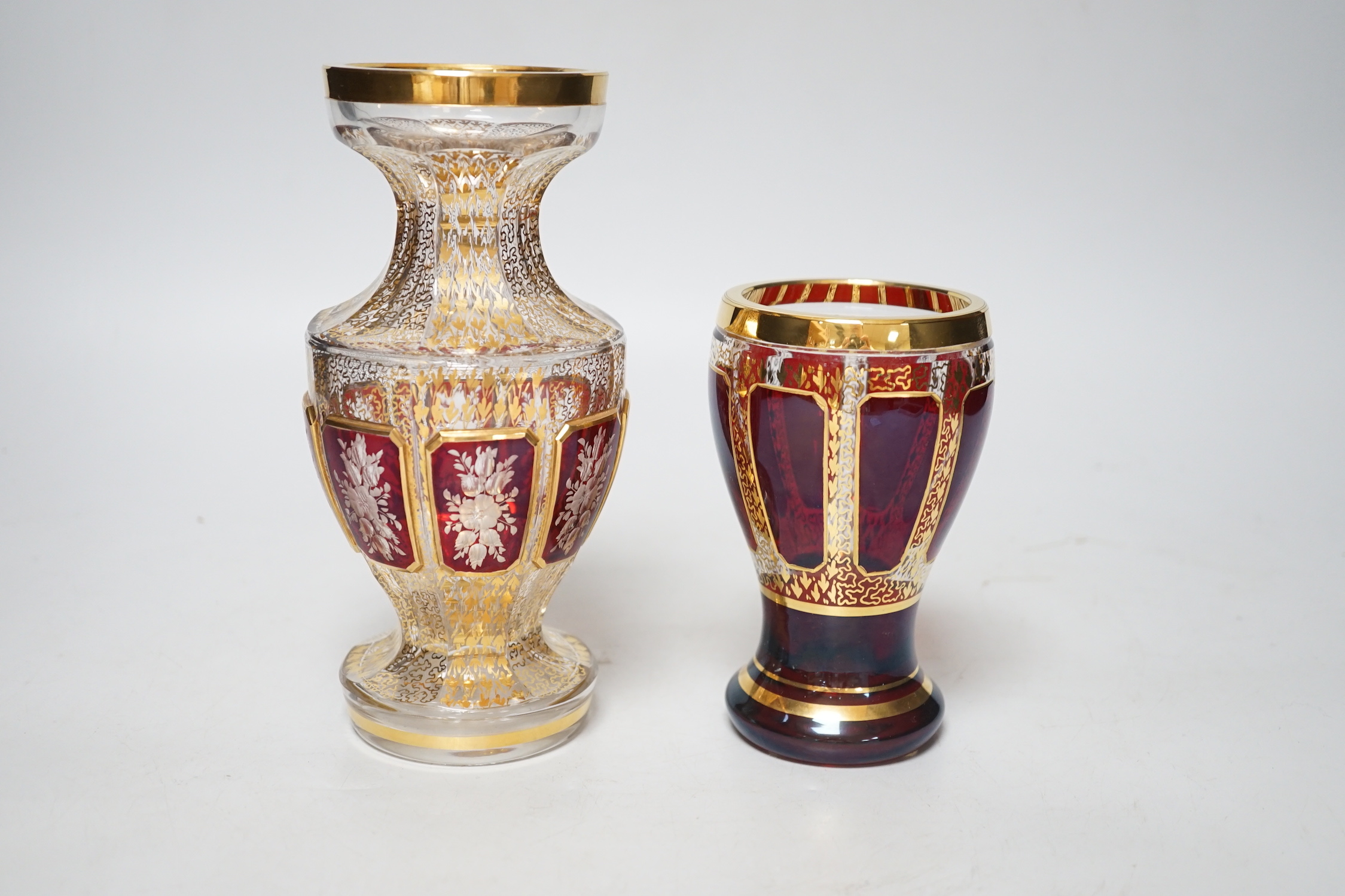 Two German gilt-decorated ruby flashed glass vases, 18cm high